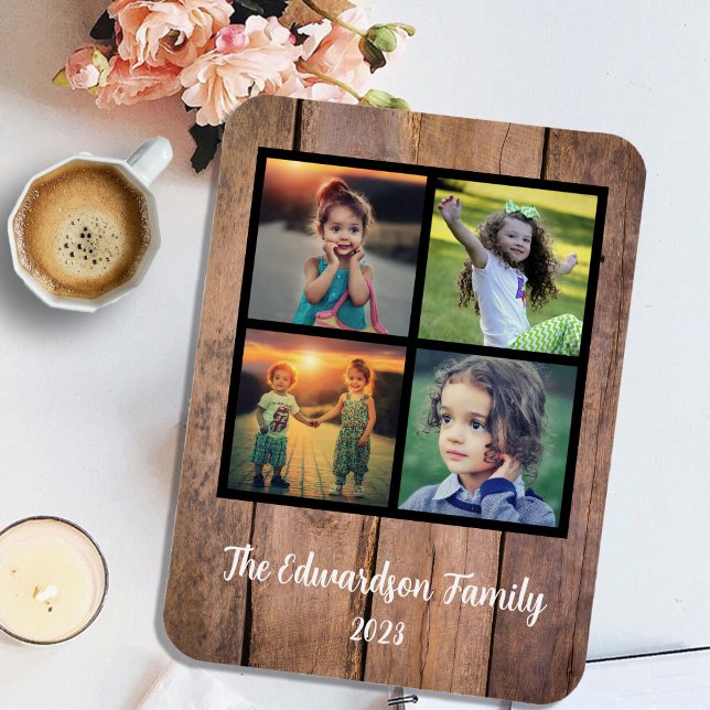Create your own rustic family photo collage magnet (Create your own keepsake, memories, family photo collage magnet. Rustic wood background pattern.)