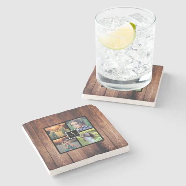 Create your own rustic family photo collage stone coaster (Side)