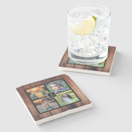 Create your own rustic family photo collage stone coaster