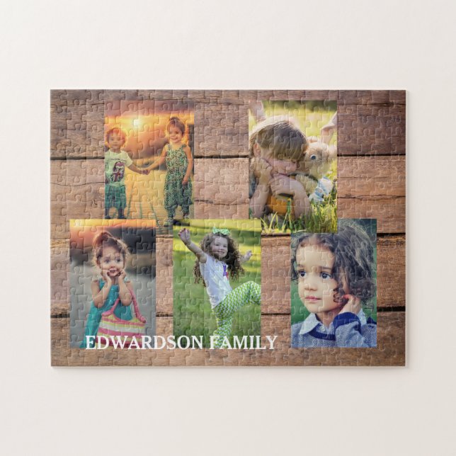 Create your own rustic wood family photo collage jigsaw puzzle (Horizontal)