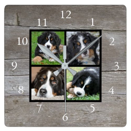 Create your own rustic wood family photo collage square wall clock