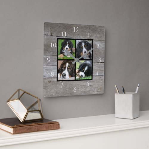 Create your own rustic wood family photo collage square wall clock