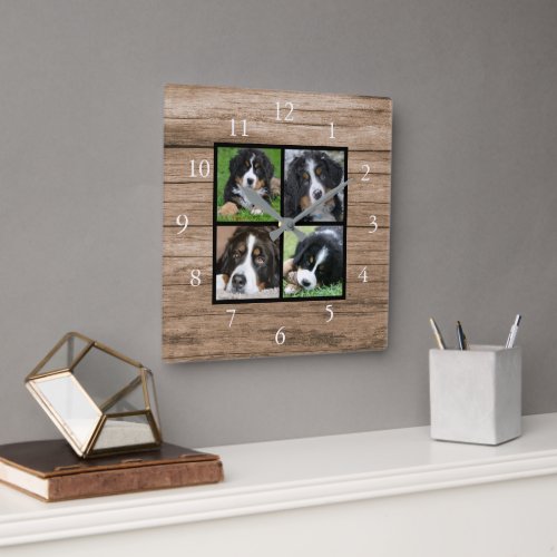 Create your own rustic wood family photo collage square wall clock