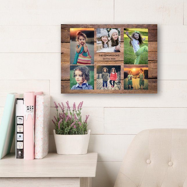 Create your own rustic wood family photo collage wall art (Create your own family photo collage on rustic barn wood pattern.  Add your own photos, name , year.)