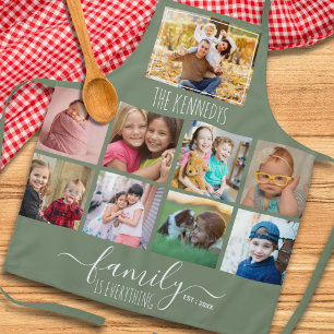 Create Your Own Sage Green 9 Photo Family Name Apron