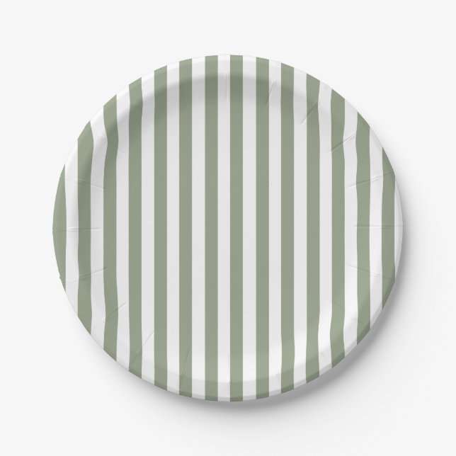 Create Your Own Sage Green White Striped Pattern Paper Plates (Front)