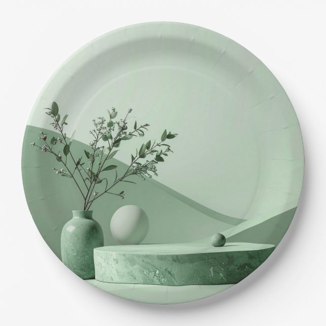 Create Your Own Sage Green White Striped Pattern Paper Plates (Front)