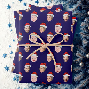 Create Your Own Santa Hat Face 3 Photo Blue Wrapping Paper Sheets