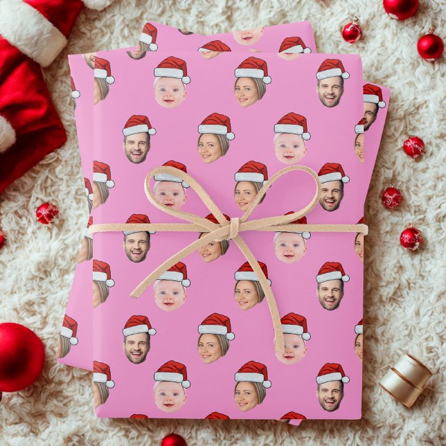Create Your Own Santa Hat Face 3 Photo Pink Wrapping Paper Sheets (Creator Uploaded)