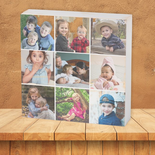 Create Your Own Simple  Modern 9 Photo Collage   Wooden Box Sign (Creator Uploaded)