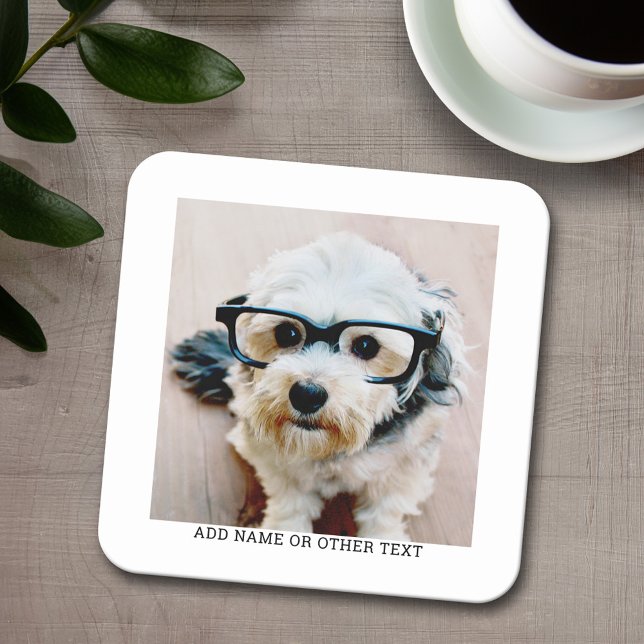 Create Your Own Single Photo Gallery white border Square Paper Coaster (Personalized coaster with a photo and text)
