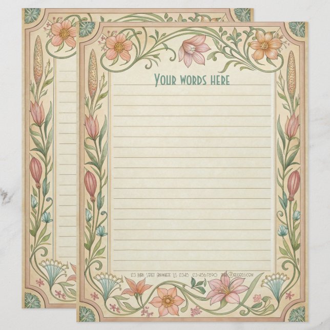 Create Your Own Spring Floral Art Deco Note Paper (Front/Back)