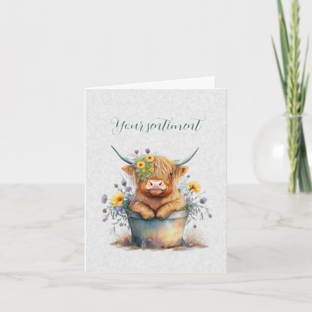 Create Your Own Spring Highland Bull & Wildflowers Card (Front)