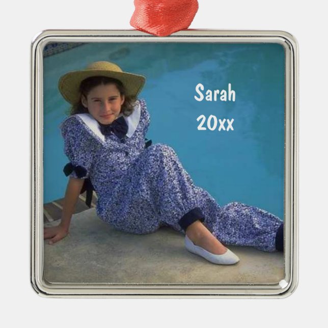 Create Your Own Square Photo Keepsake With Text Metal Ornament (Front)
