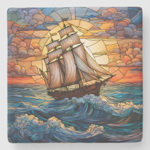 Create Your Own Stained Glass Tall Ship Waves Stone Coaster
