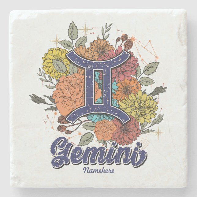 Create Your Own Starry Floral Gemini Stone Coaster (Front)