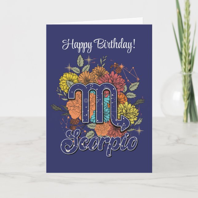 Create Your Own Starry Floral Scorpio Zodiac Holiday Card (Front)