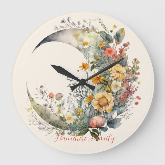 Create Your Own Sunny Floral Crescent Moon Large Clock (Front)