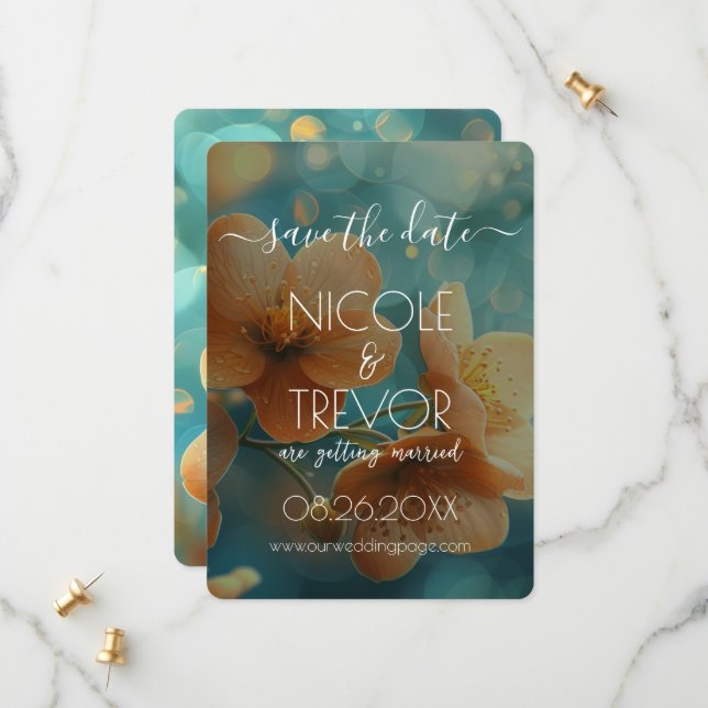 Create Your Own - Teal Bokeh Orange Flowers Save The Date (Front/Back In Situ)