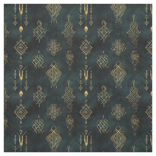 Create Your Own Teal Gold Arcane Symbols Black Fabric (Swatch)