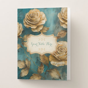 Create Your Own Teal & Gold Roses Floral Pocket Folder