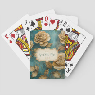 Create Your Own Teal & Gold Roses Floral Poker Cards