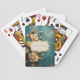 Create Your Own Teal & Gold Roses Spray Floral Poker Cards