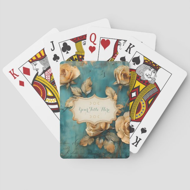Create Your Own Teal & Golden Peach Rose Spray Poker Cards (Back)