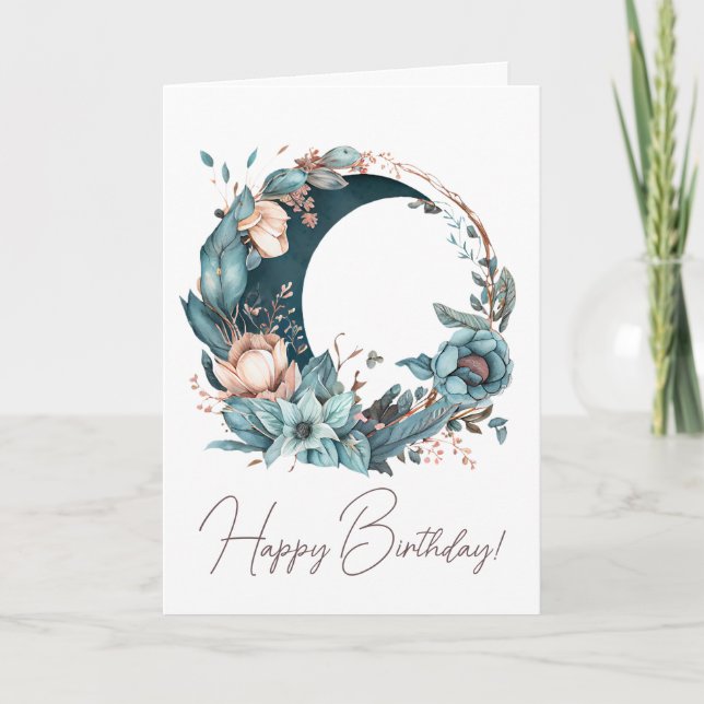 Create Your Own Teal & Peach Floral Moon Holiday Card (Front)