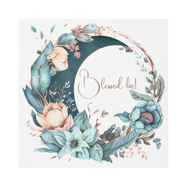 Create Your Own Teal & Peach Floral Moon Metal Print (Front)