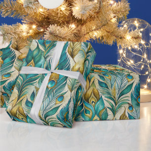 Create Your Own Teal Watercolor Peacock Feathers Wrapping Paper