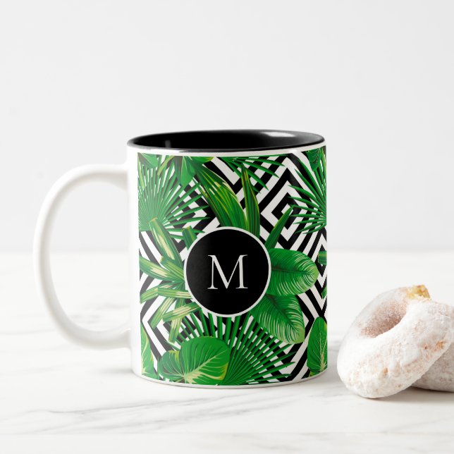 Create Your Own Tropical Pattern Monogram Two-Tone Coffee Mug (With Donut)