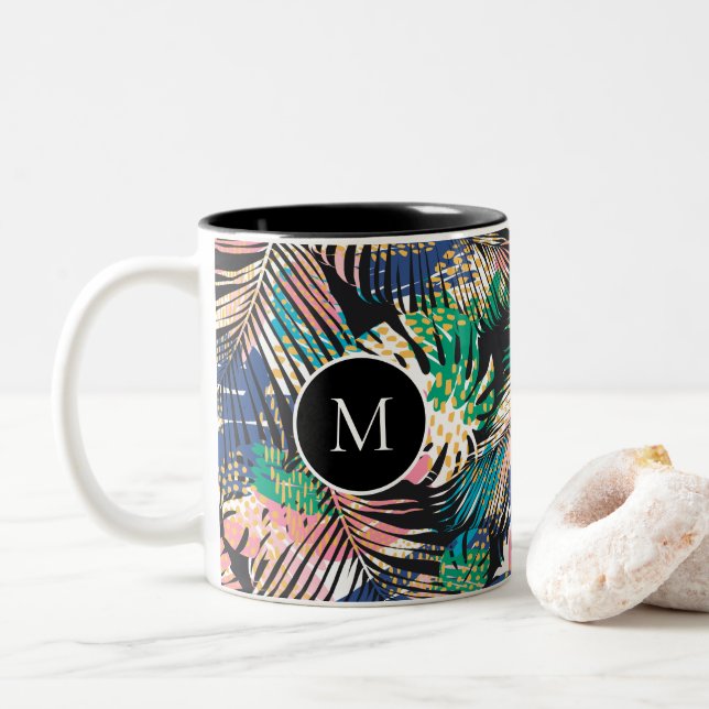 Create Your Own Tropical Print Monogram Two-Tone Coffee Mug (With Donut)