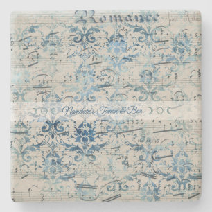 Create Your Own Vintage Blue Damask Sheet Music Stone Coaster