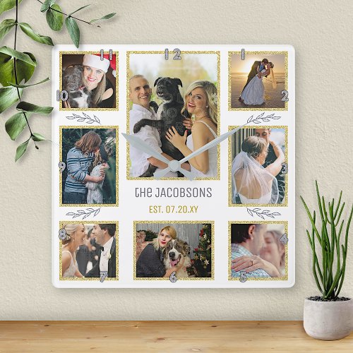 Create Your Own Wedding or Family 8 Photo Collage Square Wall Clock