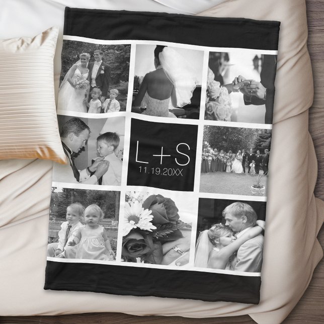 Create Your Own Wedding Photo Collage Monogram Fleece Blanket (Personalized wedding anniversary fleece blanket)