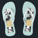Create Your Own Wedding Photo Collage Monogram Flip Flops<br><div class="desc">2015 colors of mint and gold foil print background - Use 3 square photos to create a unique and personal anniversary gift. Add the bride and groom's initials. If you need to adjust the pictures or monograms,  click on the customize tool to make changes.</div>