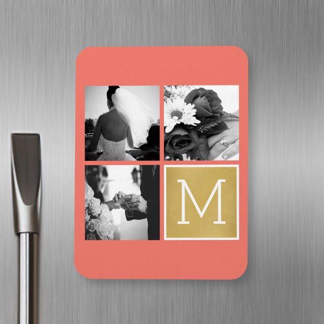 Create Your Own Wedding Photo Collage Monogram Magnet (Personalized fridge magnet with photos and text)