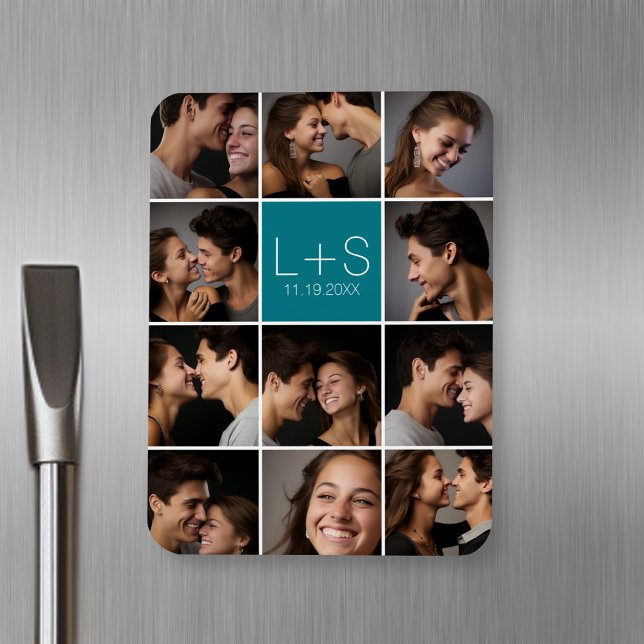 Create Your Own Wedding Photo Collage Monogram Magnet (Personalized fridge magnet with photos and text)