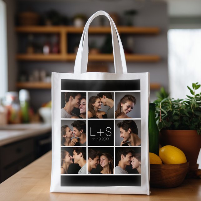 Create Your Own Wedding Photo Collage Monogram Reusable Grocery Bag (Personalized Grocery Tote Bag - Wedding Photo Collage)