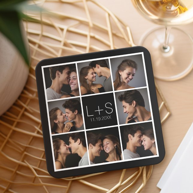 Create Your Own Wedding Photo Collage Monogram Square Paper Coaster (Wedding and Anniversary Coasters - Personalize with a photo collage)
