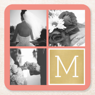 Create Your Own Wedding Photo Collage Monogram Square Paper Coaster