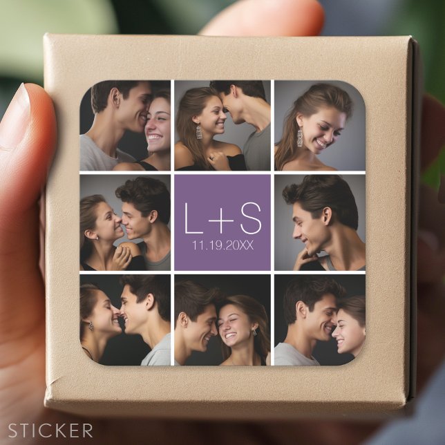 Create Your Own Wedding Photo Collage Monogram Square Sticker (Custom Sticker)