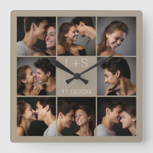 Create Your Own Wedding Photo Collage Monogram Square Wall Clock