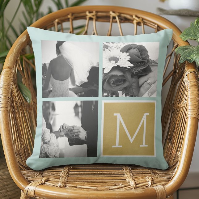 Create Your Own Wedding Photo Collage Monogram Throw Pillow (Custom Photo Pillow)