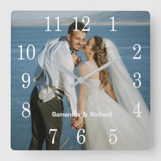 Create Your Own Wedding Photo Personalized Name Square Wall Clock (Front)