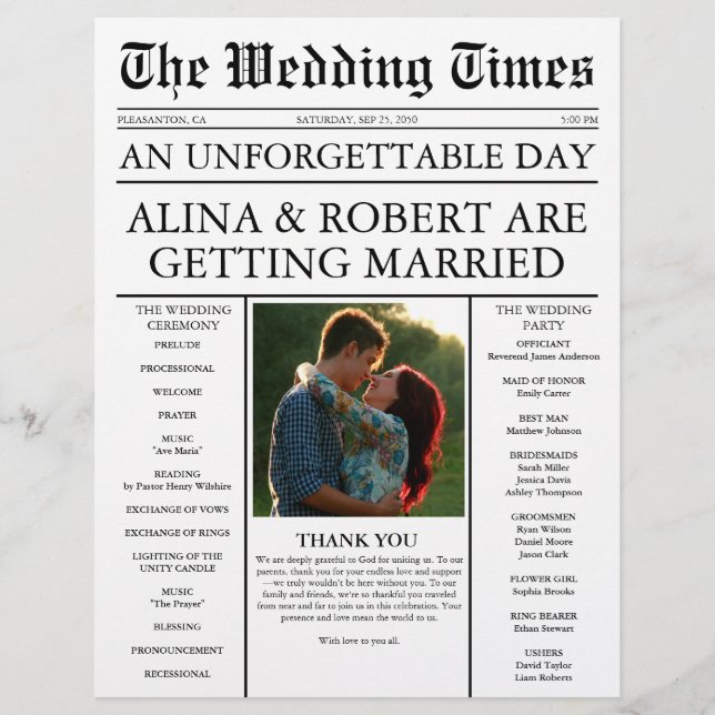 Create Your Own Wedding Timeline Newspaper Program Flyer (Front)