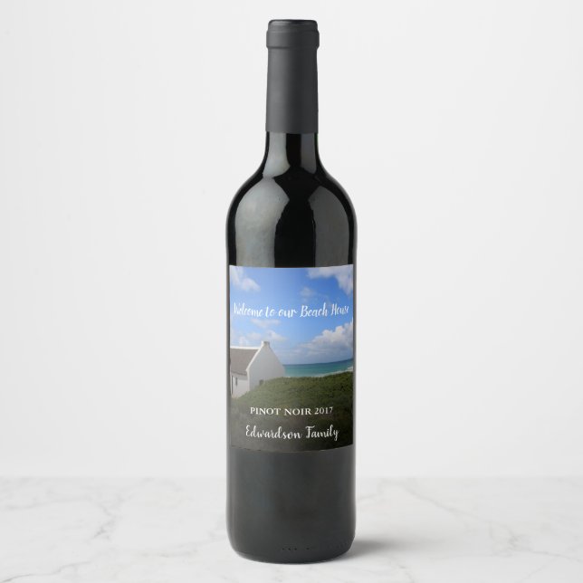 Create your own welcome family beach summer house wine label (Front)
