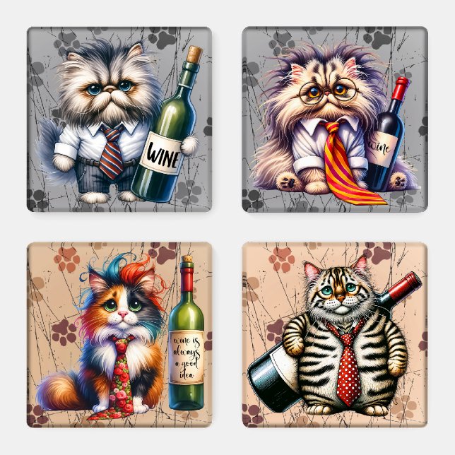 Create Your Own Whimsical Business Cats Wine Coaster Set (Set)