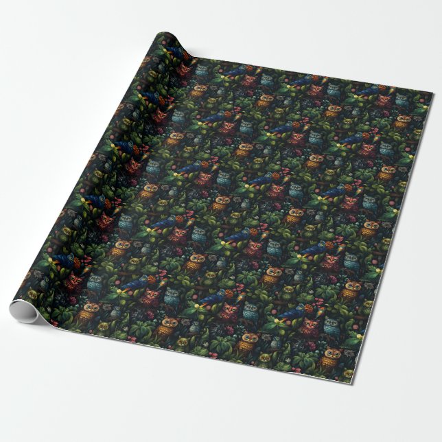 Create Your Own Whimsical Fantasy Owls Tropical Wrapping Paper (Unrolled)